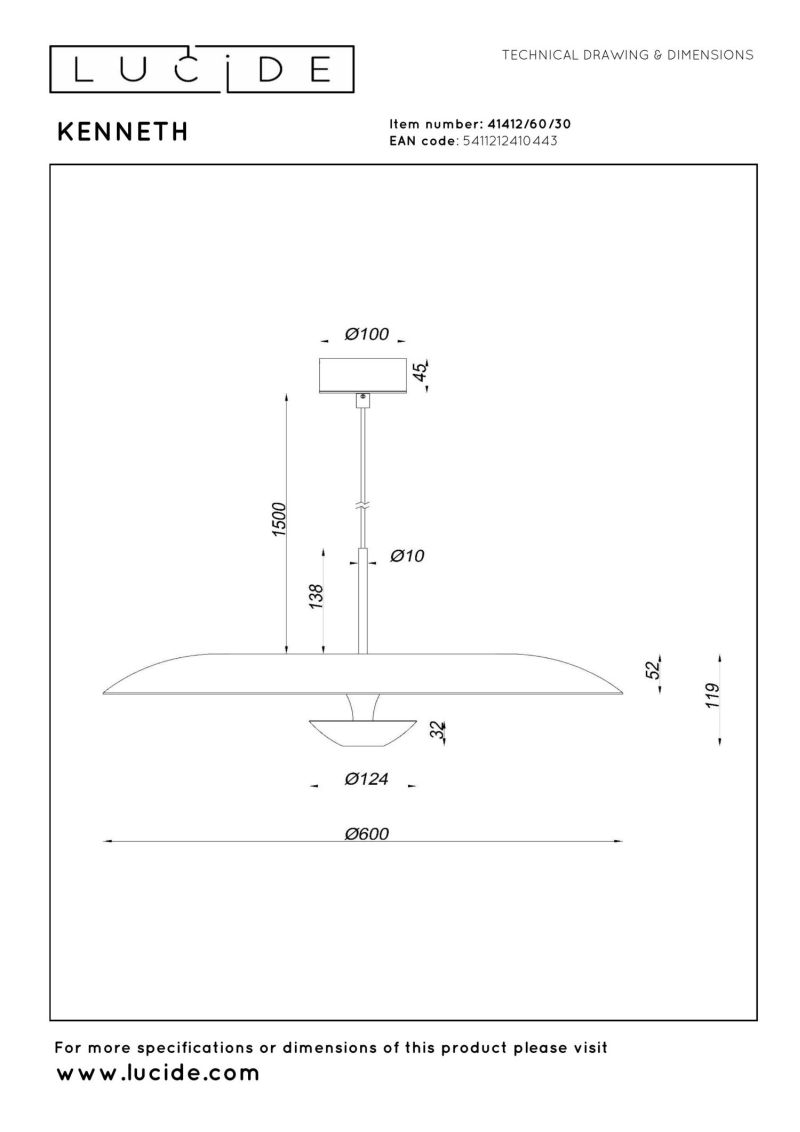 Lucide Premium KENNETH - Pendant light - Ø 60 cm - LED Dim. - 1x16W 2700K - Black